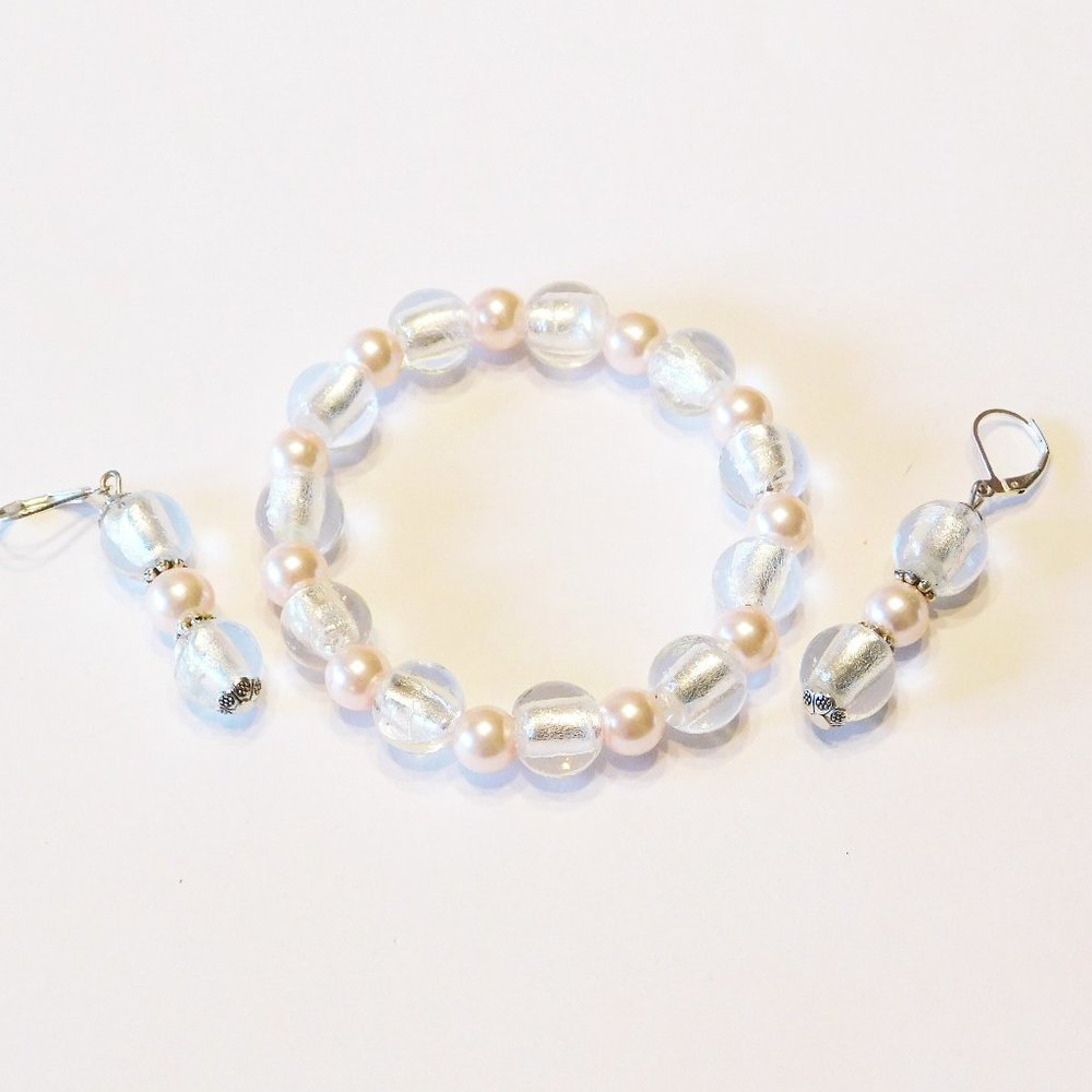 Handmade Murano Glass Beaded Stretch Bracelet & Matching Earrings - 7.5"